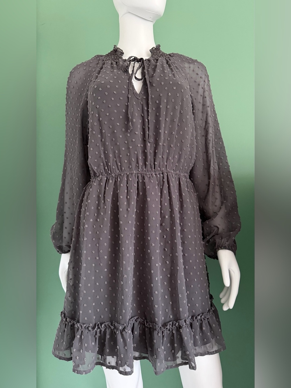 Speechless Long Sleeve Swiss Dot Mini Dress In Charcoal Gray